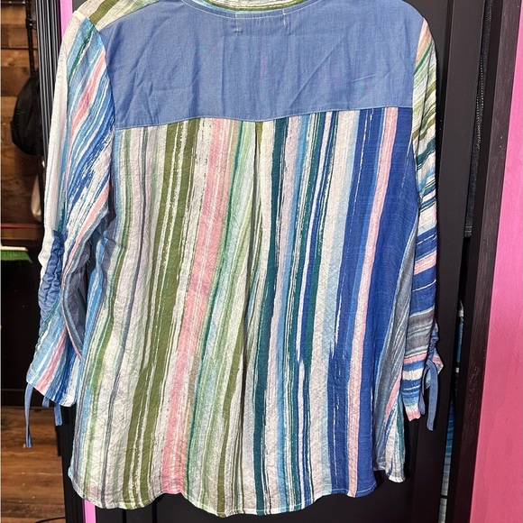 Evolution and Creation Blue Button Down Blouse with Mandarin Collar - Picture 2 of 11